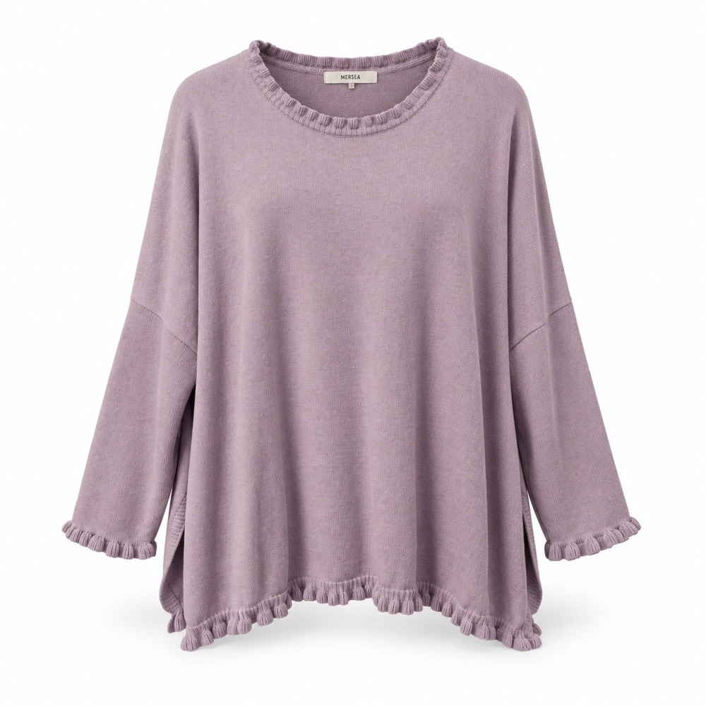 MERSEA Catalina Cotton Women OS Pullover Lavender Ruffle Trim Oversized Knit